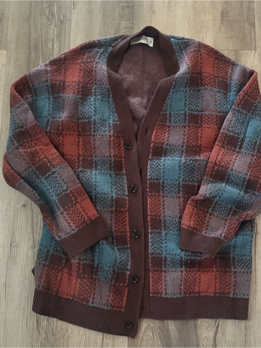 Abercrombie Men's Plaid Button-Front Cardigan Sweater in Rust and Teal
